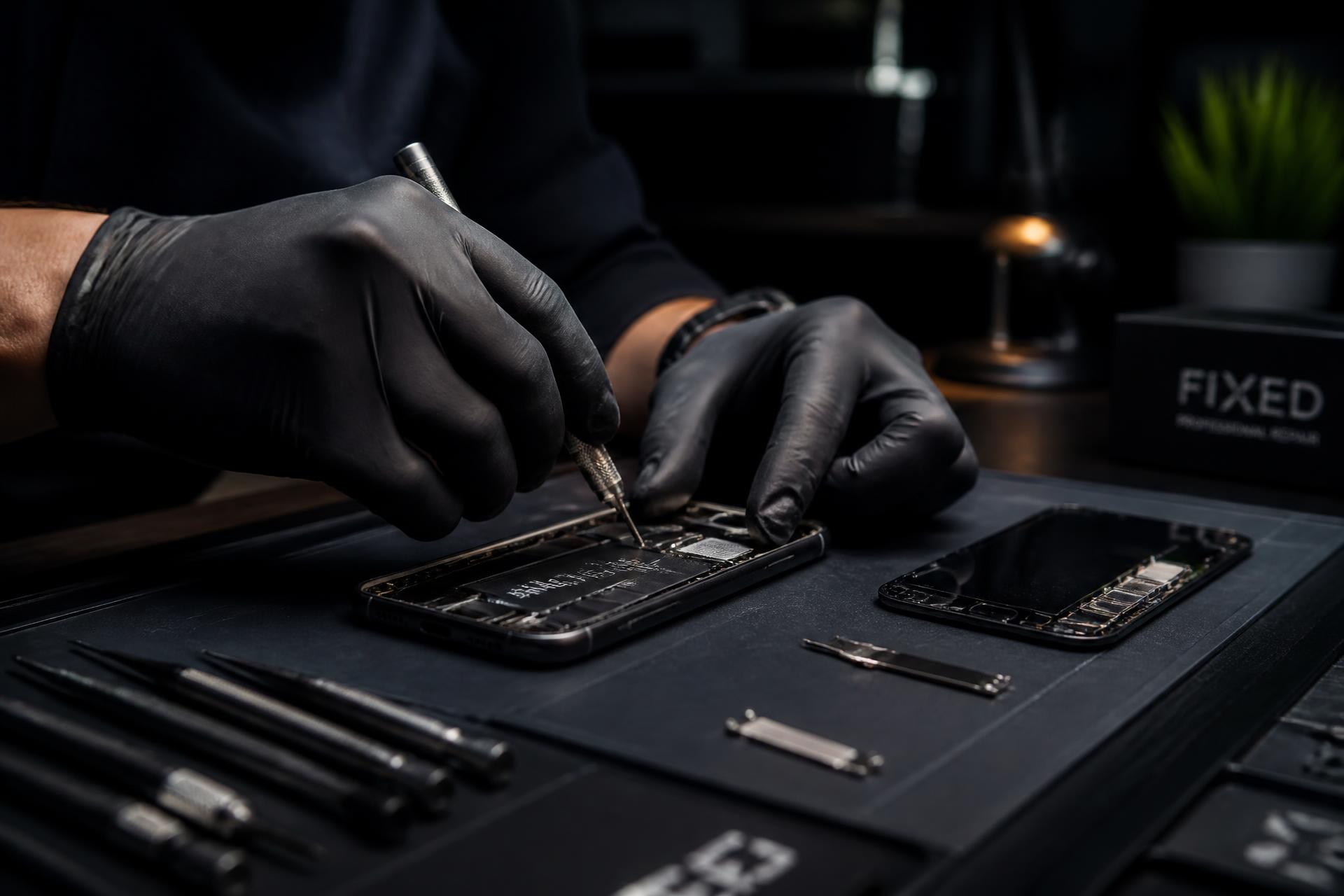 Technician repairing a smartphone at NorthFix Tech workbench